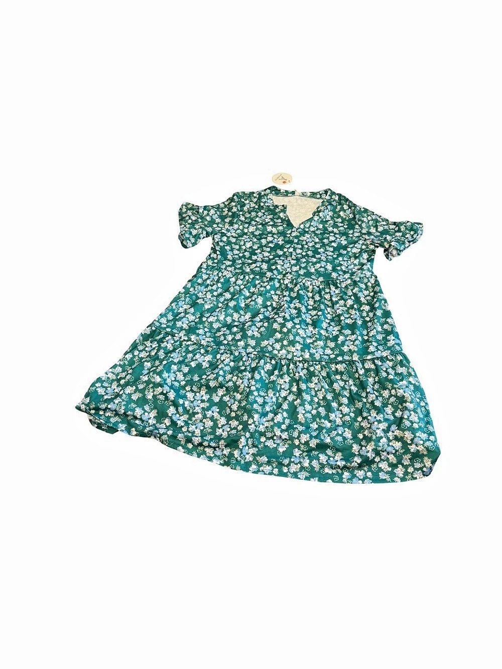 Anrabess V-Neck Ruffle Sleeve Tiered Mini Dress Green & White Large NWT